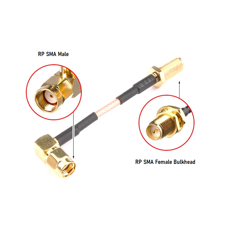 RP SMA Female Bulkhead St. Connector With RG316 Cable (L–2Mtr) + RP SMA Male Right Angle Connector RP SMA Female Bulkhead St. Connector With RG316 Cable (L–2Mtr) + RP SMA Male Right Angle Connector