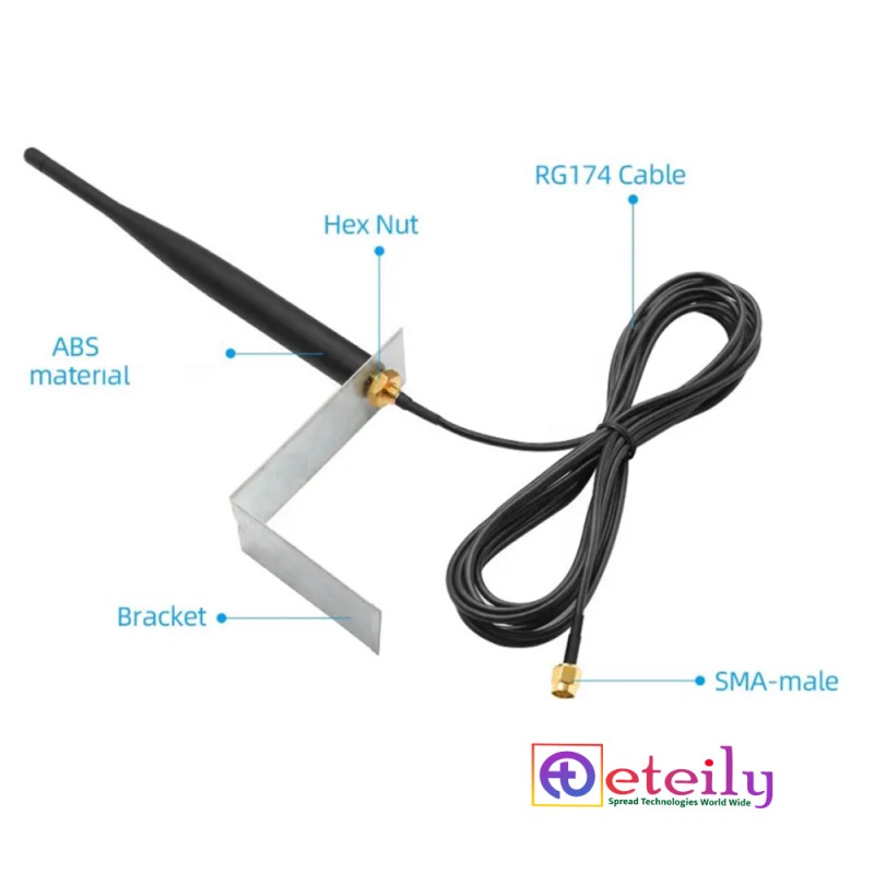 4G 5dBi Rubber Duck Antenna With RG174 Cable (L-3Mtr) + SMA Male St. Connector (With L Bracket) 4G 5dBi Rubber Duck Antenna With RG174 Cable (L-3Mtr) + SMA Male St. Connector (With L Bracket)